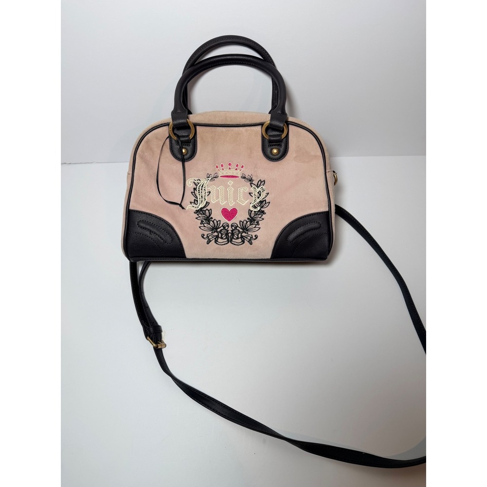 Juicy Couture Satchel Bag Women Small Pink Velour Embroidered Heart Crossbody